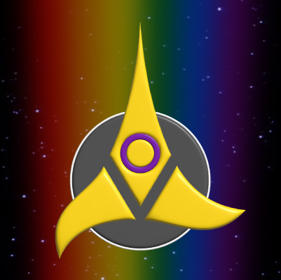 A Klingon emblem in intersex pride colours.